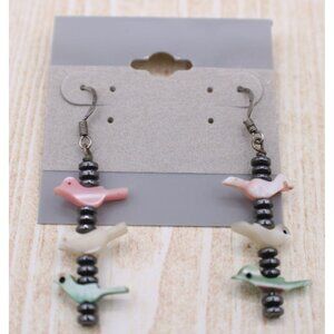 Carved Shell Bird Dangle Earrings Pastels Hematite Beads Zuni Boho Southwest Vtg